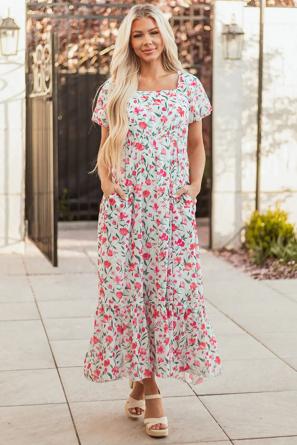 Molly Floral Square Neck Empire Waist Tiered Maxi Dress Threaded Pear