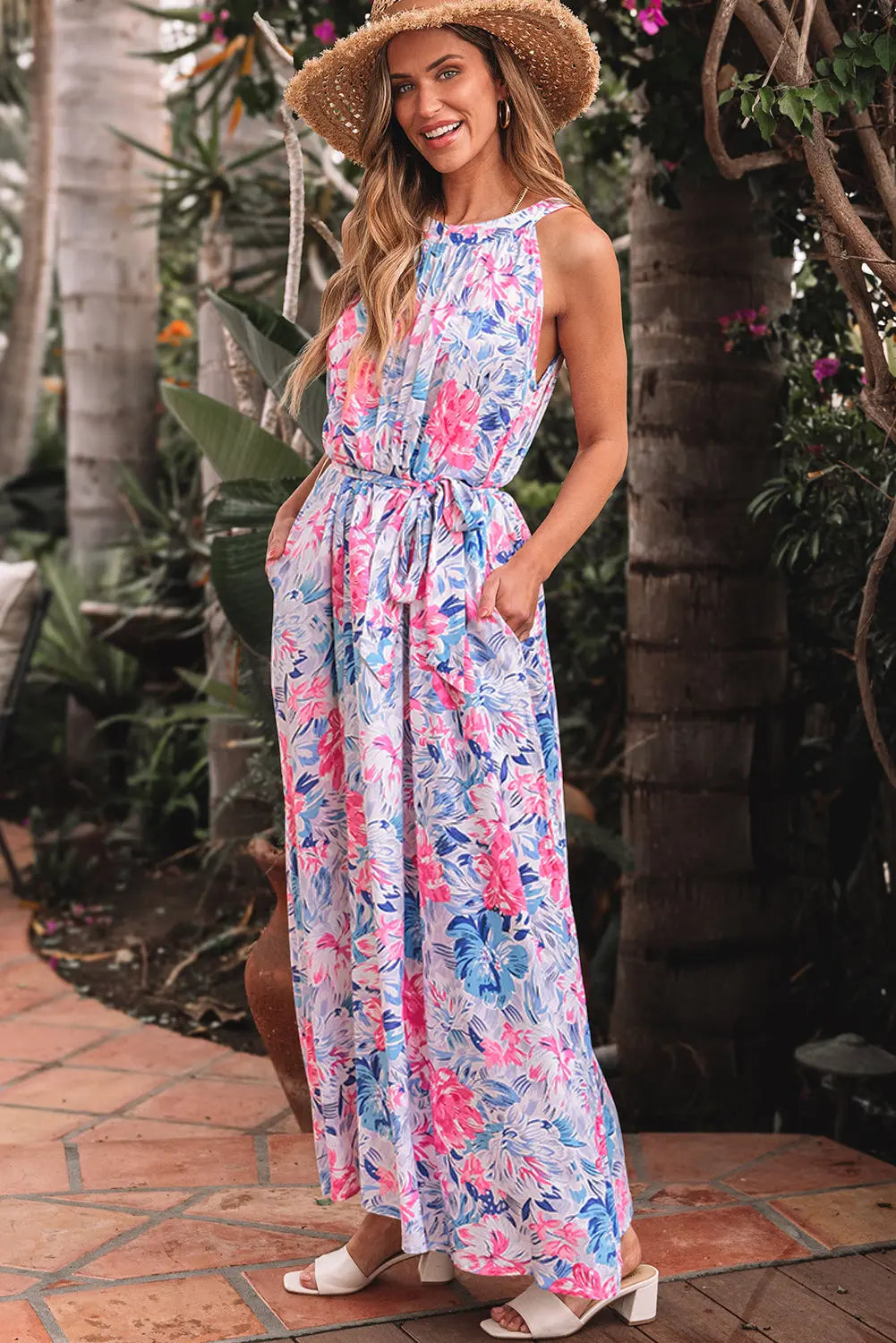 Adley Floral Sleeveless O Neck Knot Waist Maxi Dress Threaded Pear