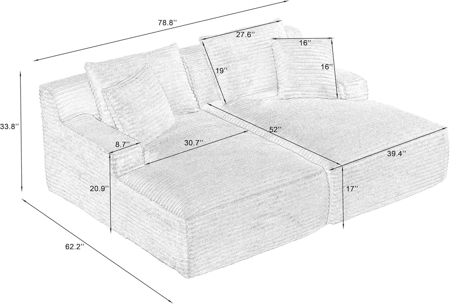 Oversized Corduroy Chaise Lounge Loveseat With Sleeper Sofa ShipItFurniture