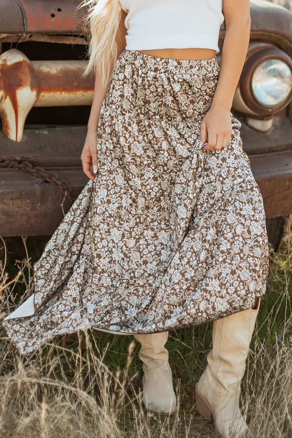 Cadence Western Floral Print Ruffled Hem Maxi Skirt