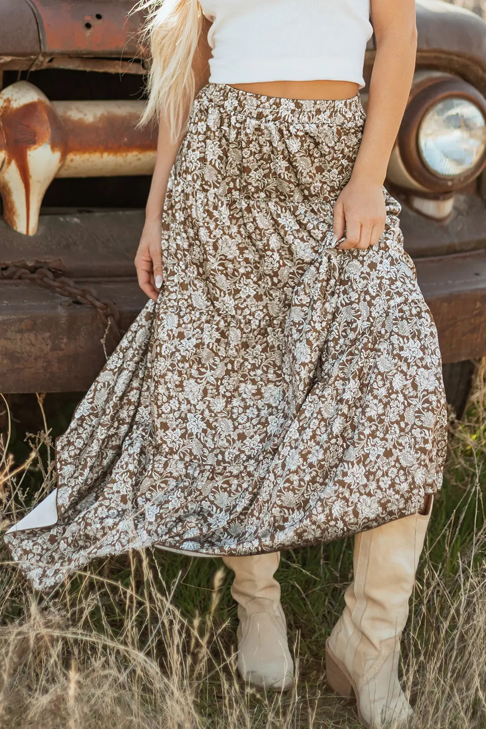 Cadence Western Floral Print Ruffled Hem Maxi Skirt Threaded Pear