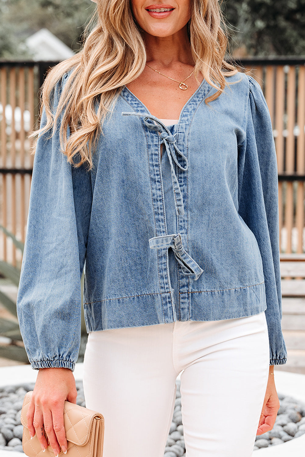 Oakley Tied Front Long Puff Sleeve Denim Top Threaded Pear