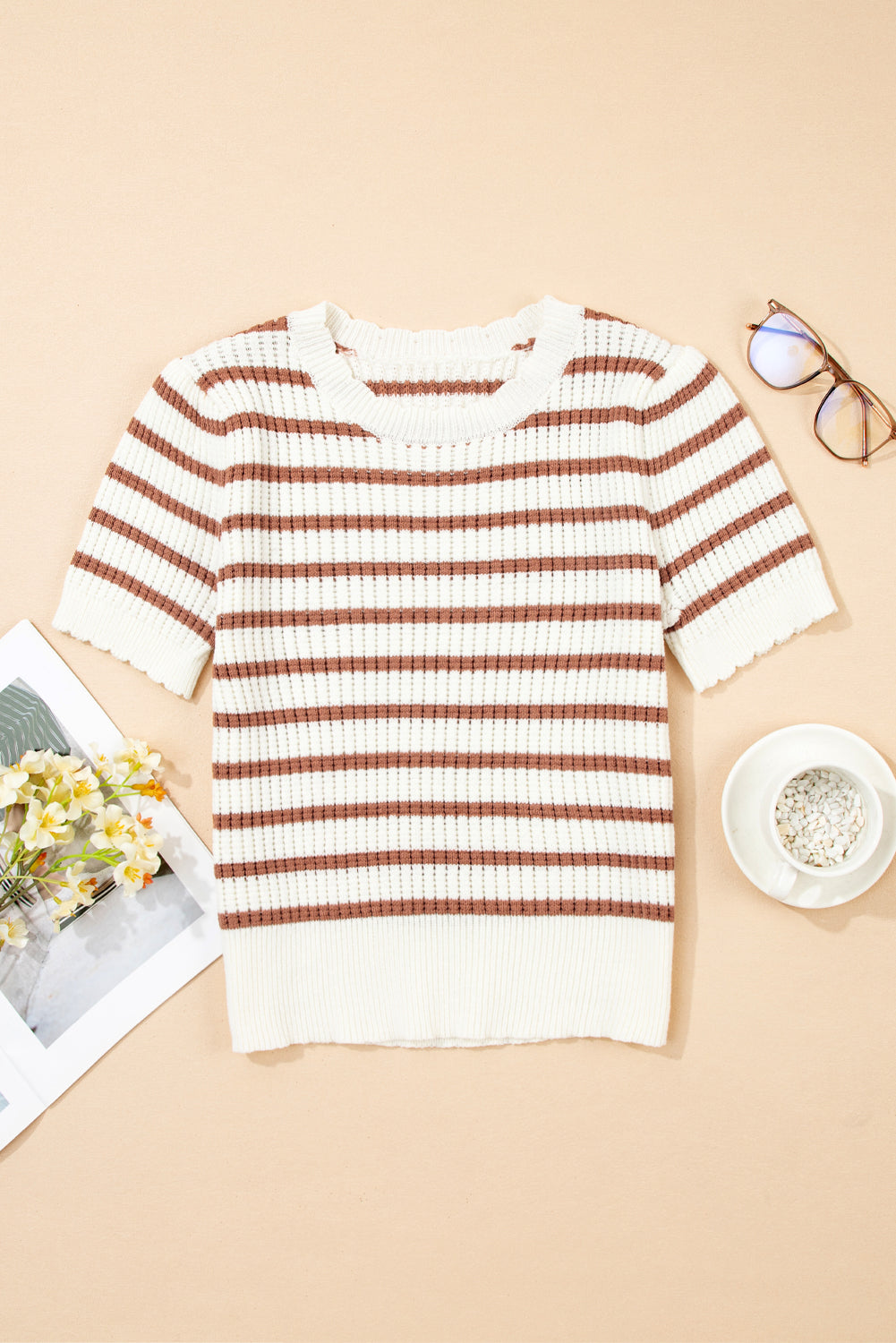 Eloise Stripe Scalloped Round Neck Short Sleeve Sweater Threaded Pear