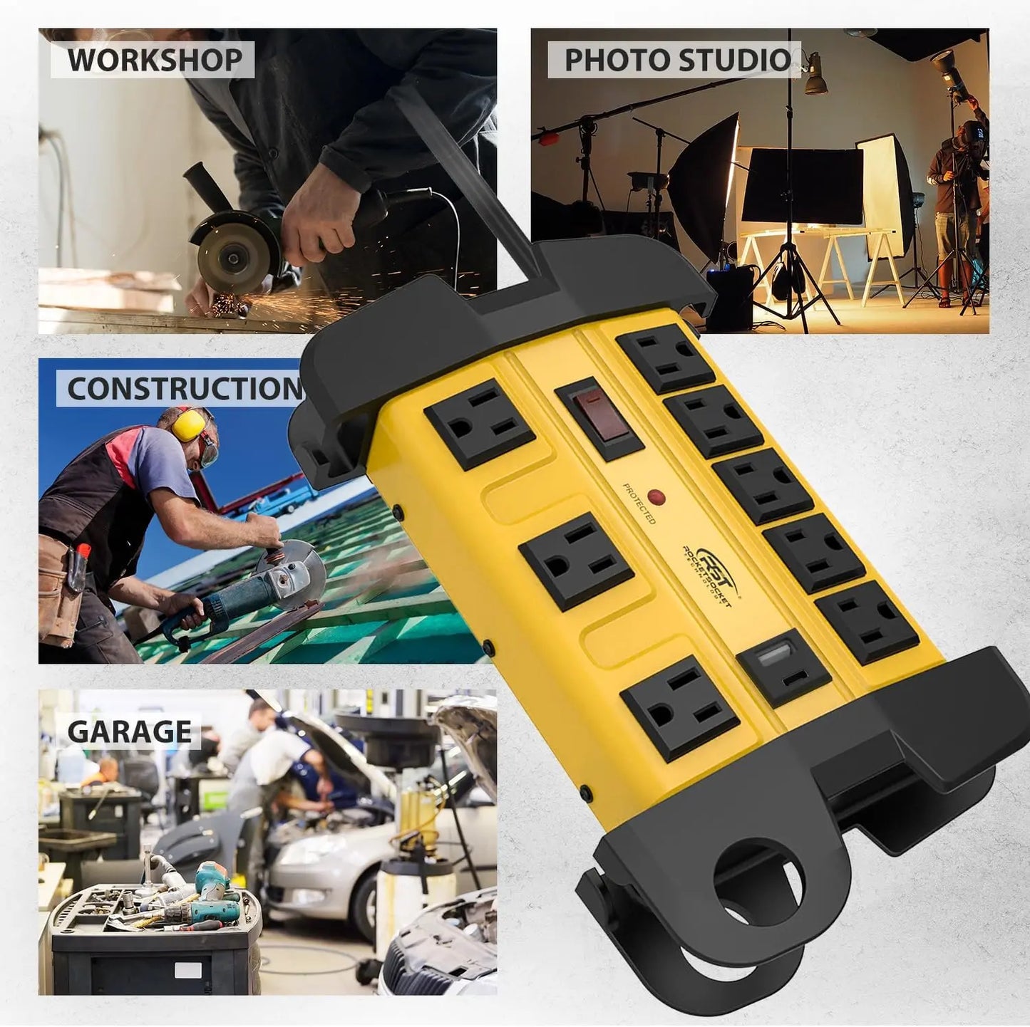 CRST Heavy Duty Surge Protector Power Strip with USB-C Port 8-Outlet Wider Spaced Mountable Metal Power Bar with Long Extension Cord 15A Circuit Breaker 1350 Joules Protection Rocket Socket Technology