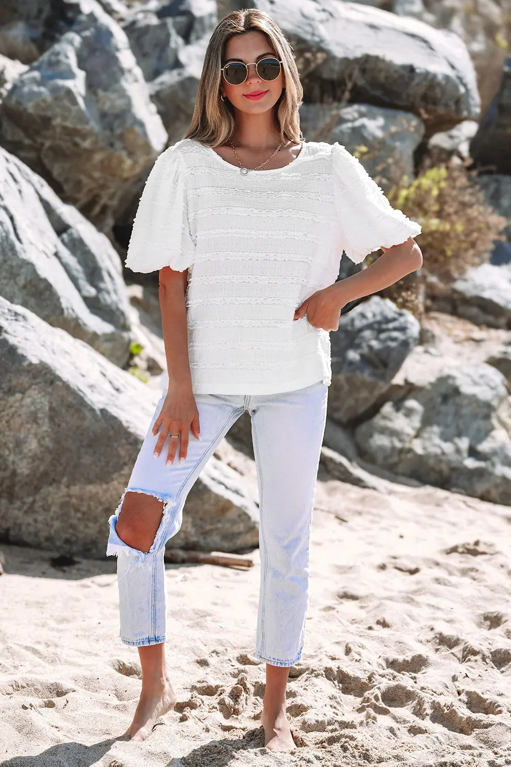 Luella Frilled Lace Trim Bubble Sleeve Blouse Threaded Pear
