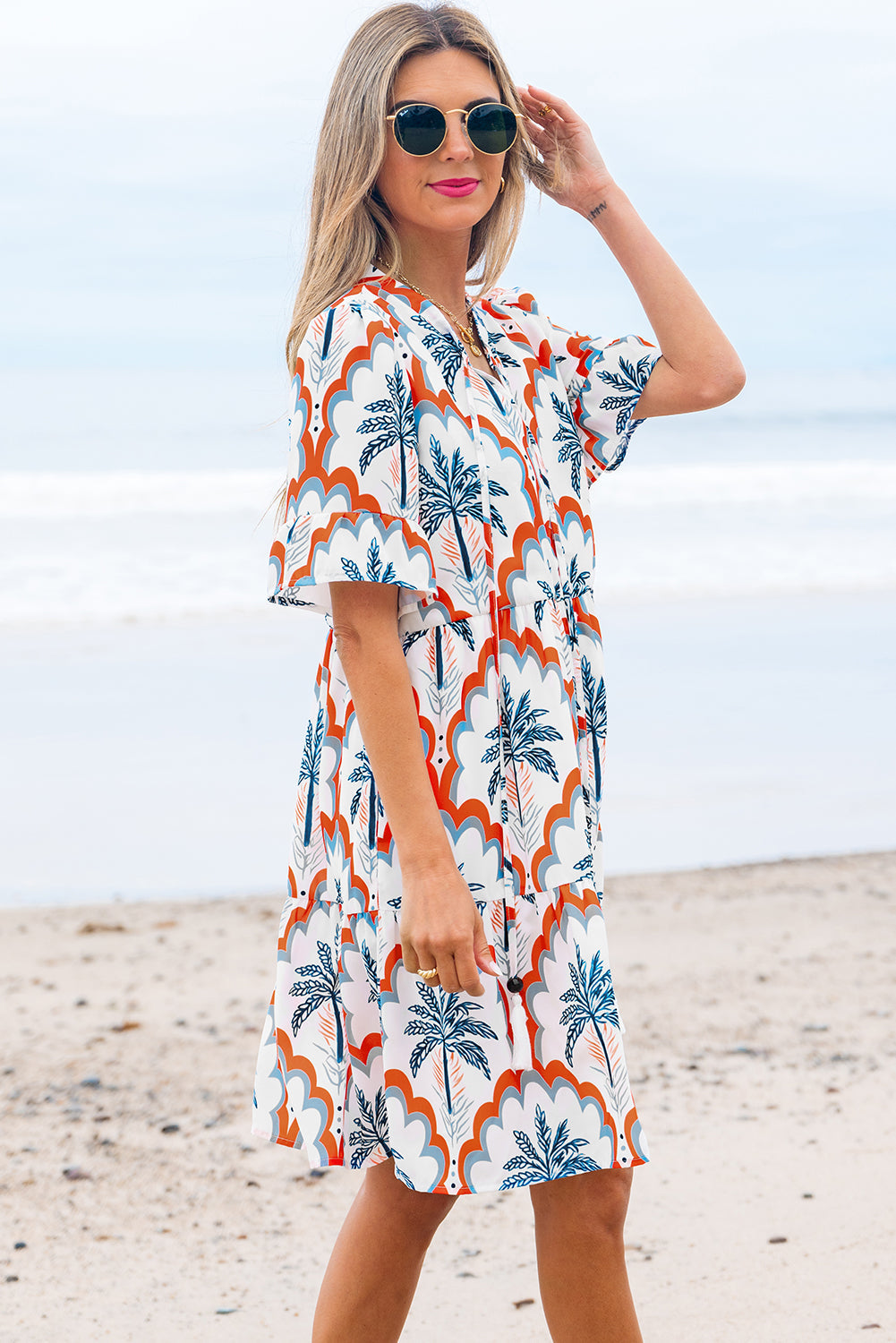 Genesis Palm Tree Printed Short Sleeve Dress