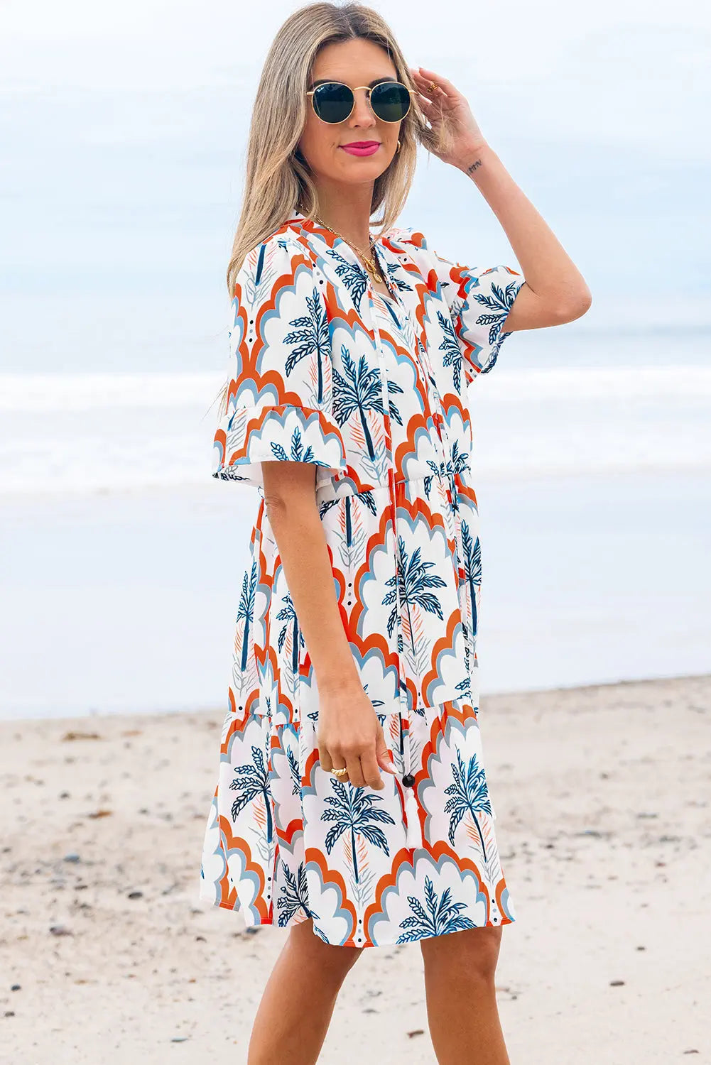 Genesis Palm Tree Printed Short Sleeve Dress Threaded Pear