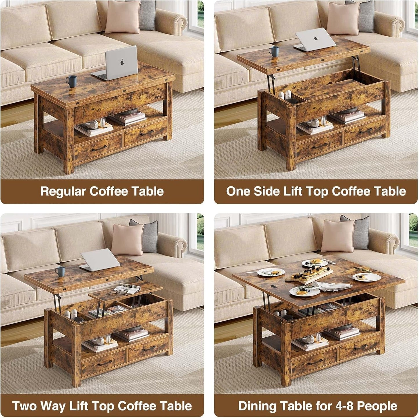 Rustic Brown Lift Top Coffee Table With Hidden Storage ShipItFurniture