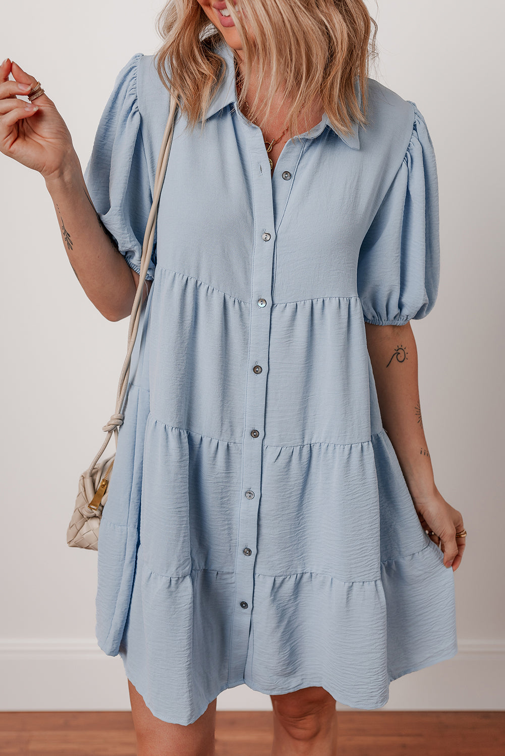 Arya Shirt Collar Button Up Puff Sleeve Tiered Dress Threaded Pear
