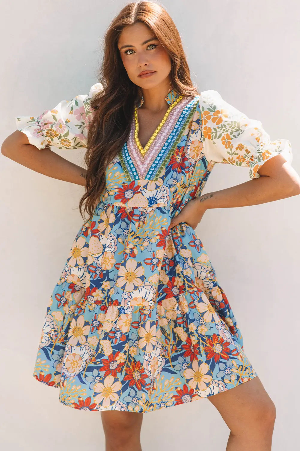 Livia Boho Floral Crochet V Neck Dress Threaded Pear