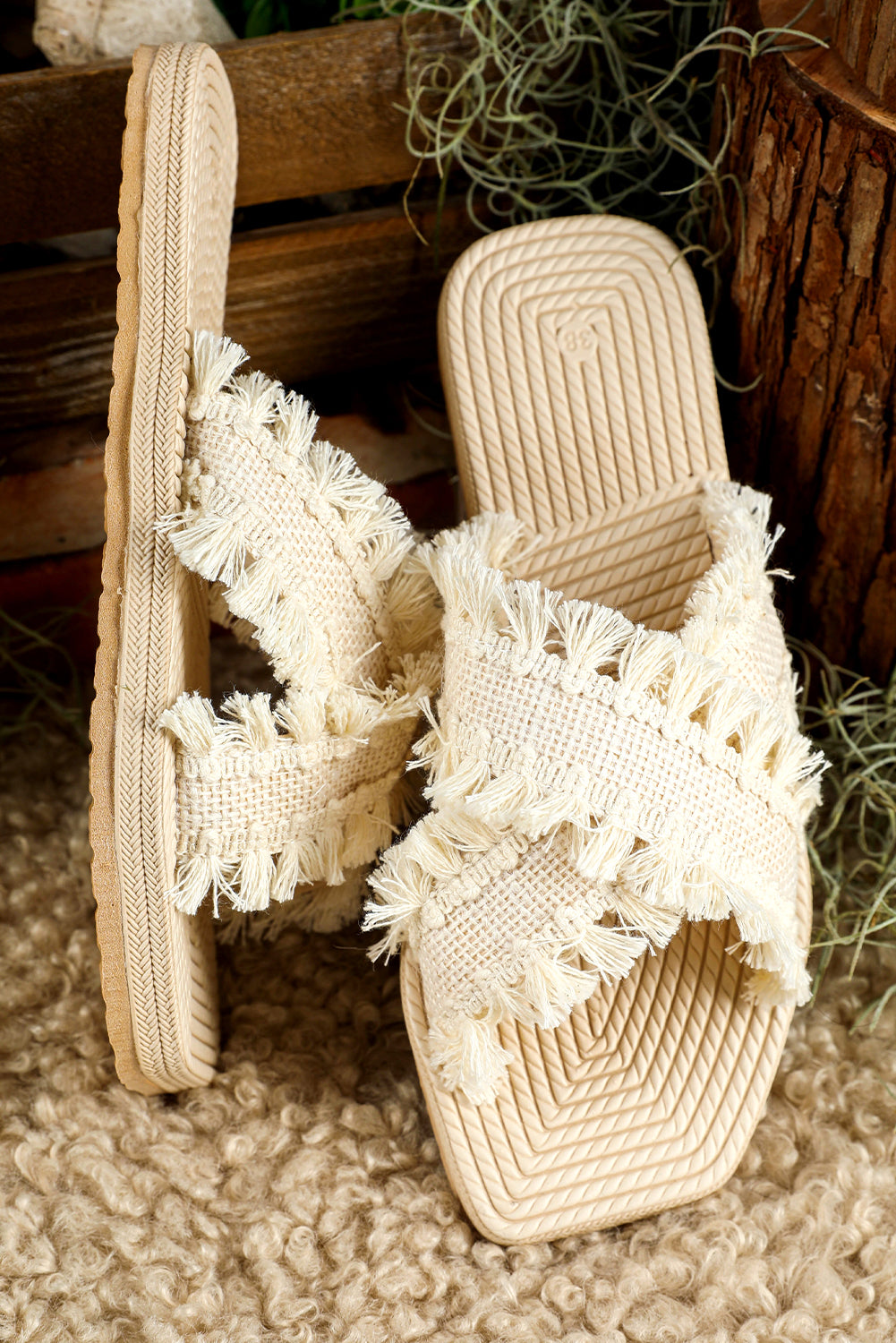 Vada Tassel Woven Crossed Straps Flat Slippers Threaded Pear