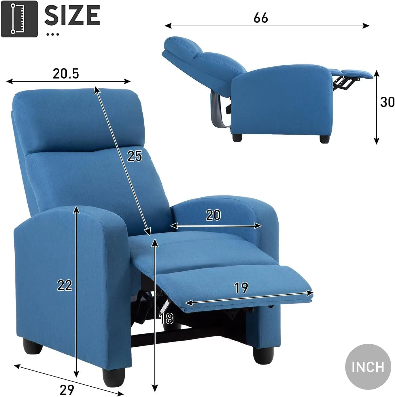 Blue Recliner Chair With Lumbar Support And Push Back Recline ShipItFurniture