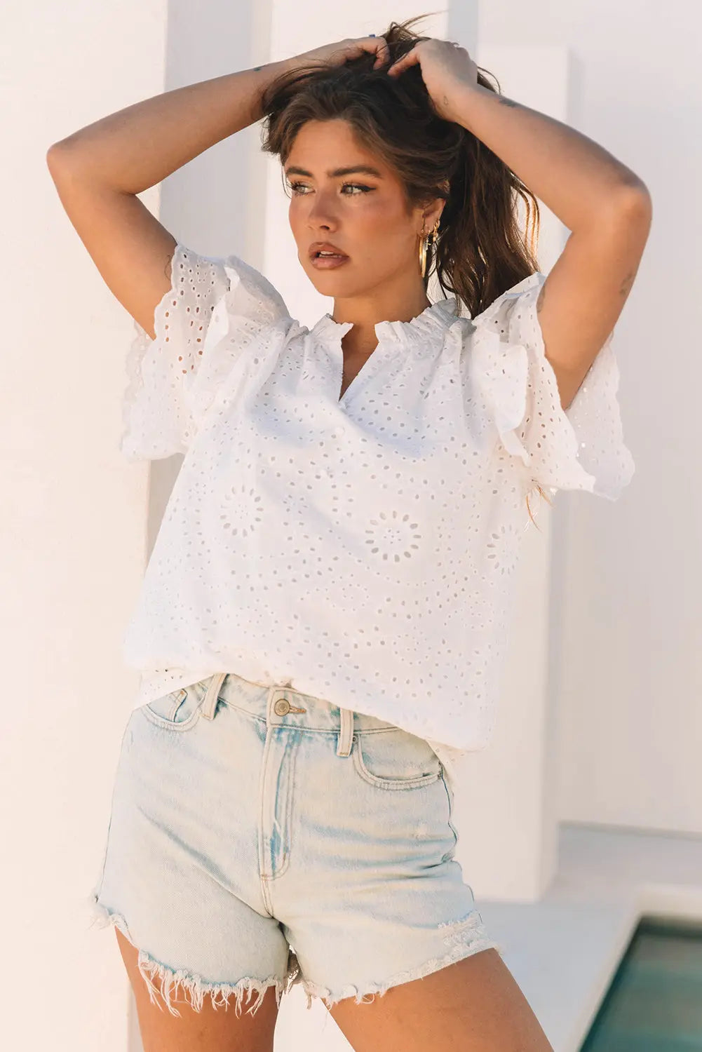 Aspyn Ruffle Short Sleeve Blouse Threaded Pear