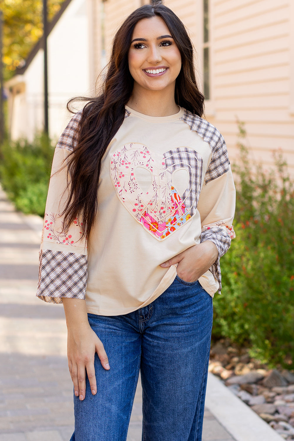 Emilia Plaid Floral Peace Heart Long Sleeve Top Threaded Pear