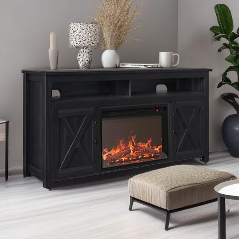 58 Inch Farmhouse TV Stand With Electric Fireplace Grey ShipItFurniture