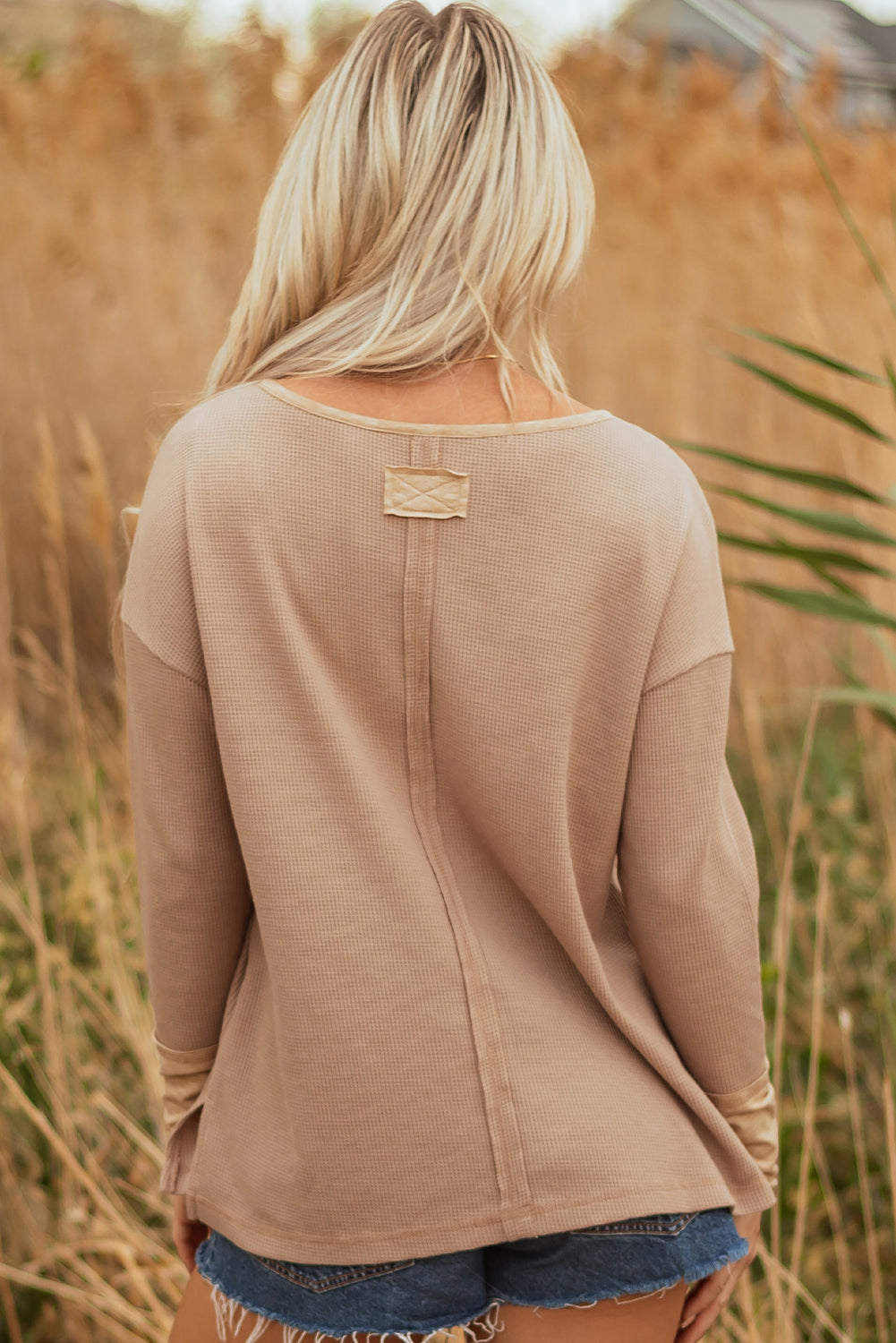 Blake Waffle Textured Tunic Henley Top with Slits Threaded Pear
