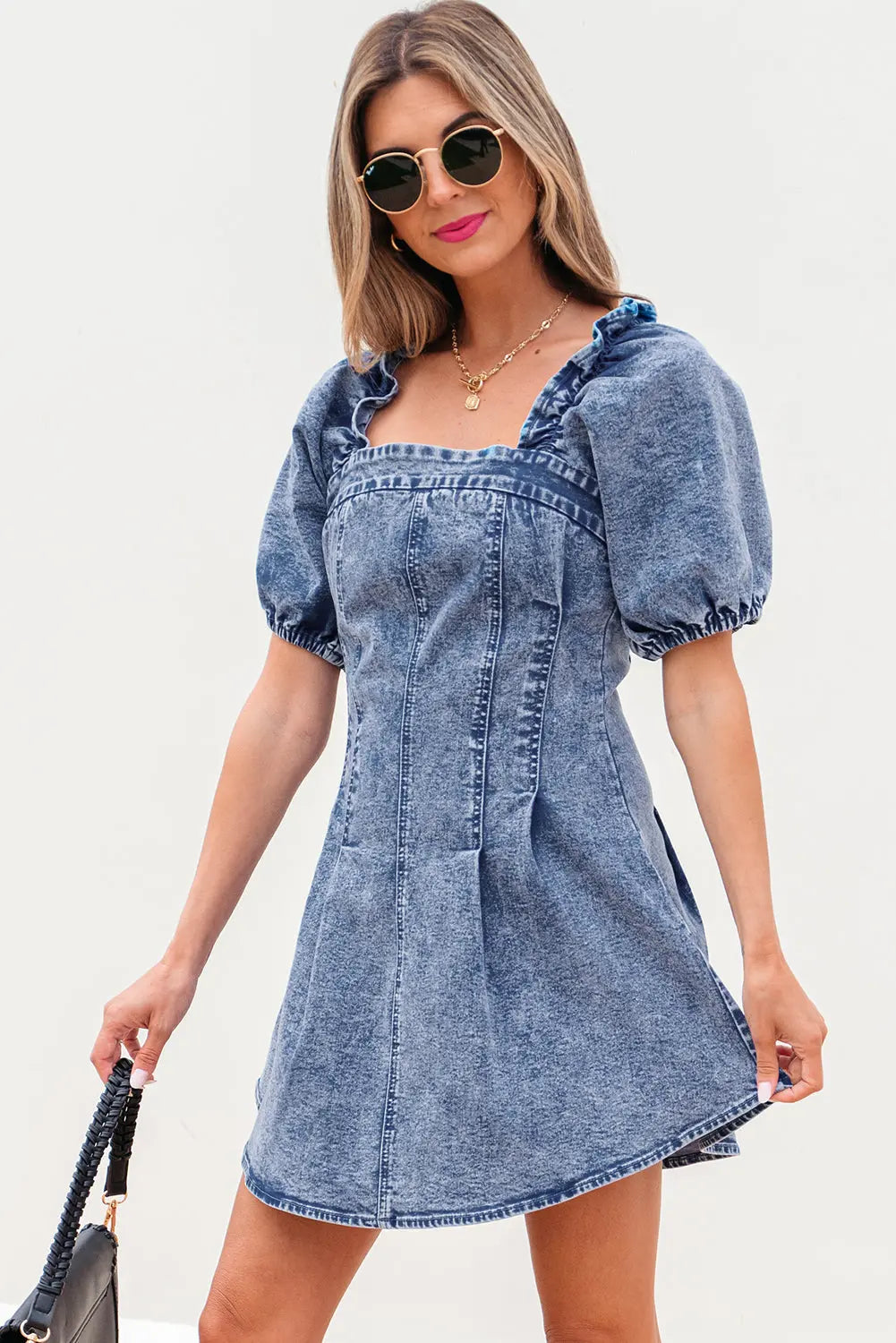 Celia Square Neck Bustier Puff Sleeve Short Denim Dress Threaded Pear