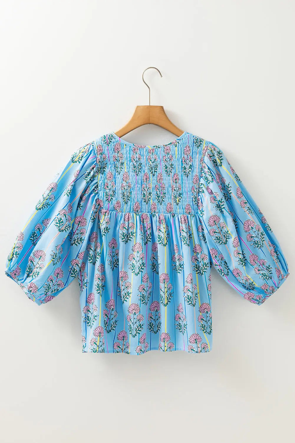 Kinley Floral Shirred Yoke Split Neck Blouse Threaded Pear
