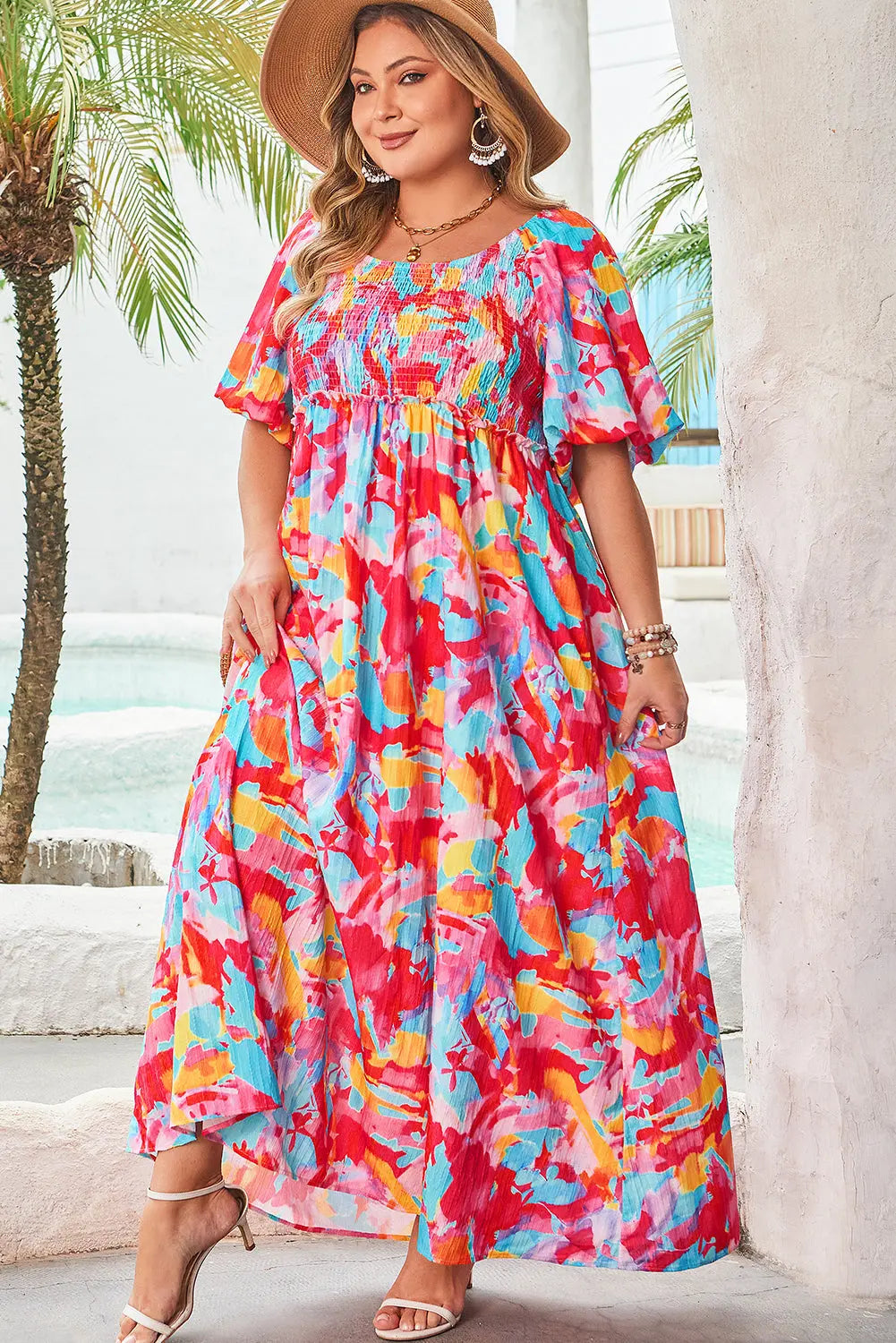 Rachel Plus Size Puff Sleeve Square Neck Dress Threaded Pear