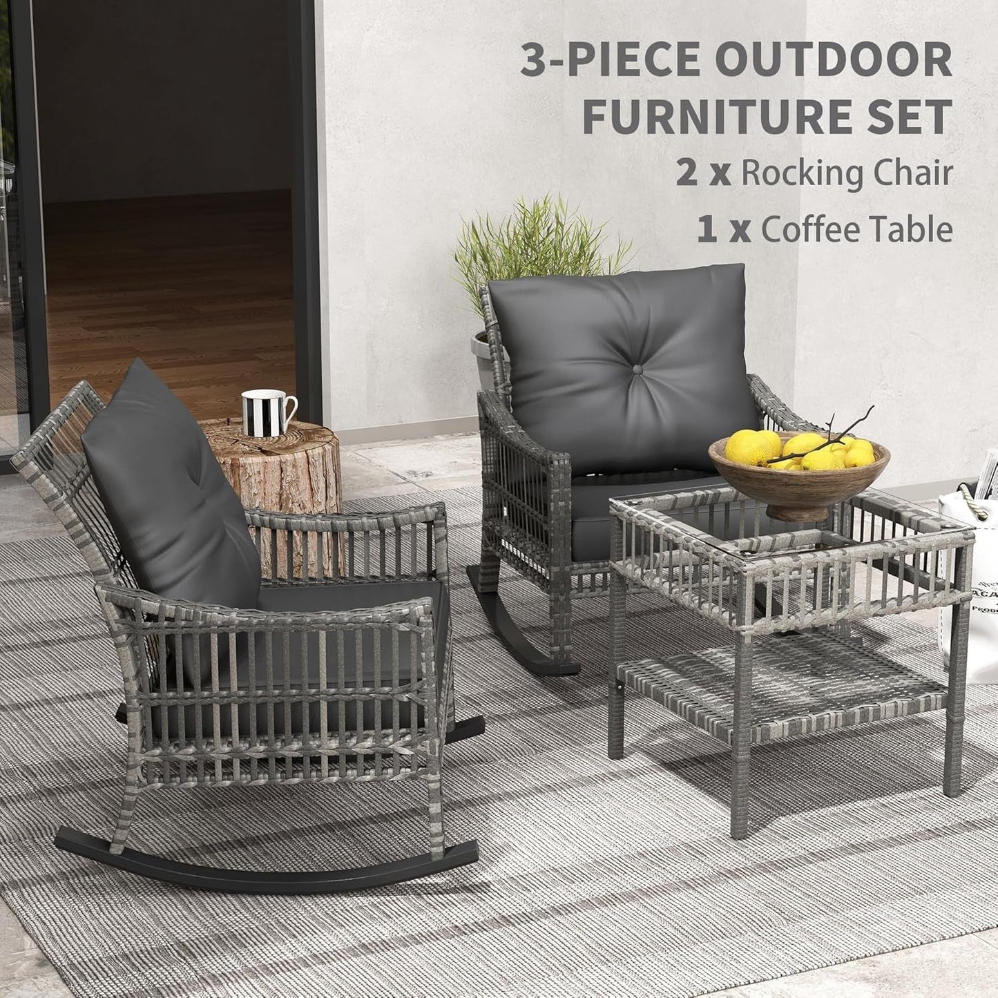 Wicker Outdoor Rocking Chair Set with Storage Table ShipItFurniture