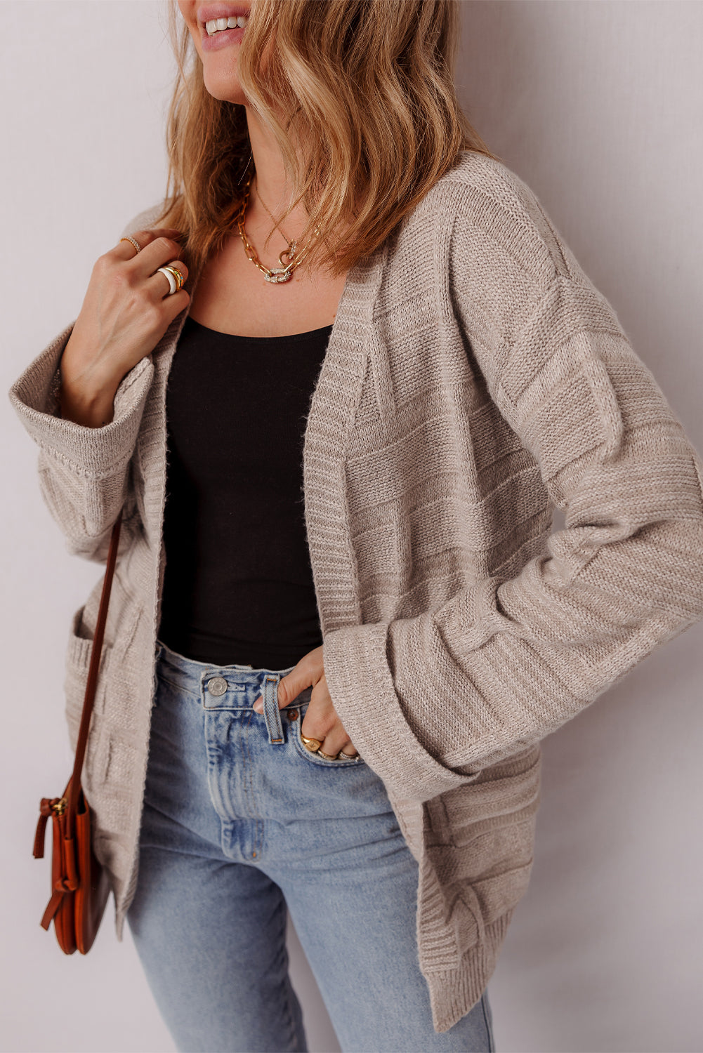 Athena Knit Open Front Chic Cardigan with Pockets Threaded Pear