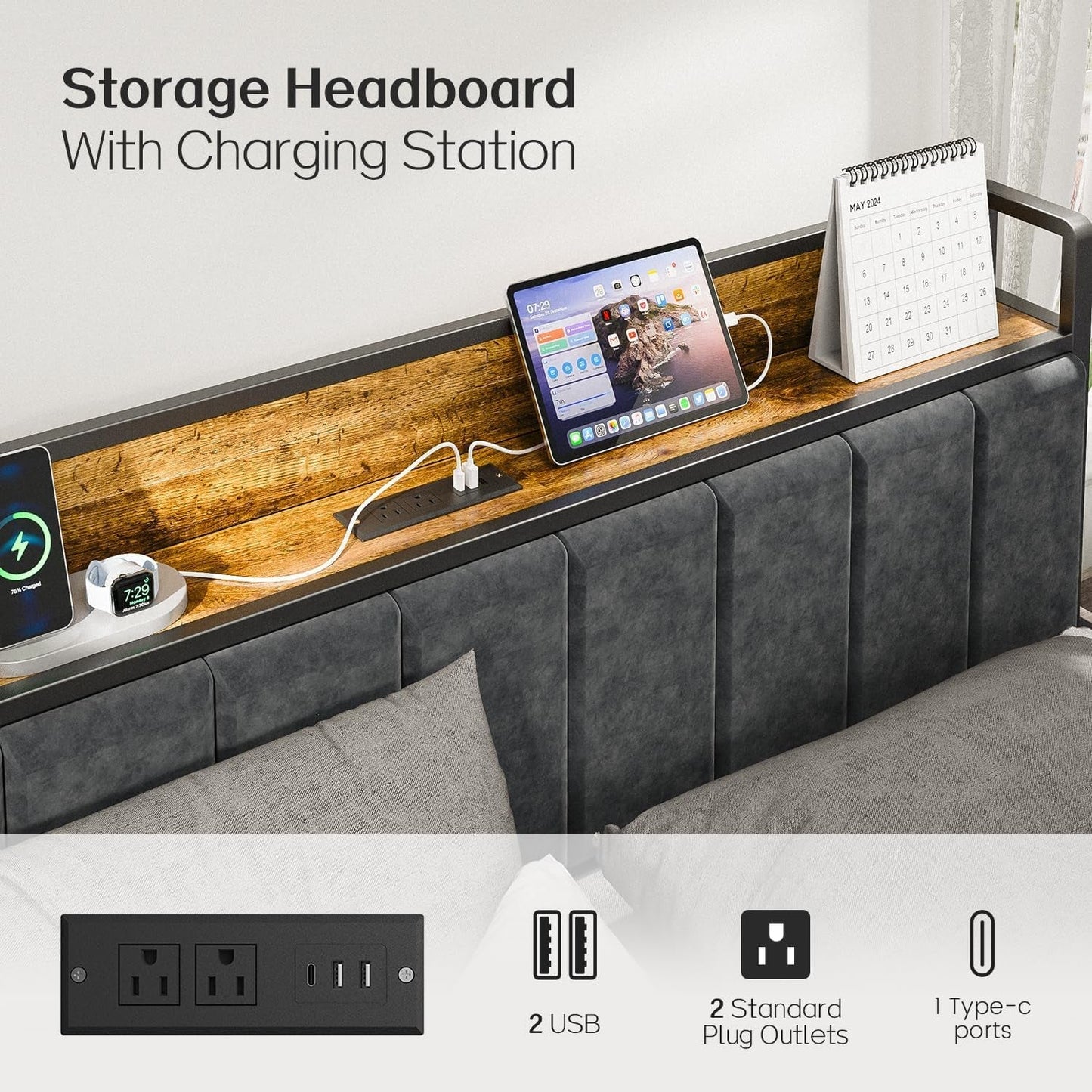 Queen Bed Frame With USB Charging LED Illumination ShipItFurniture
