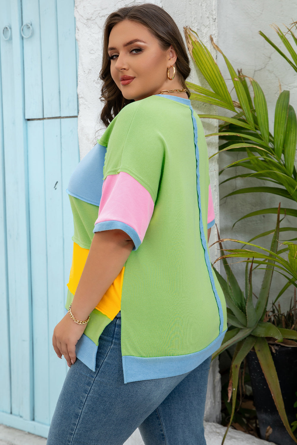 Juliet Plus Size Exposed Seam Patchwork Top Threaded Pear