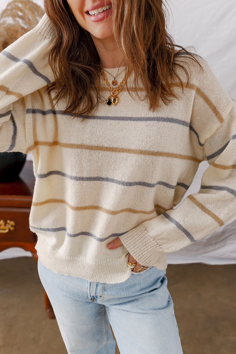 Eden Striped Ribbed Edge Drop Shoulder Sweater Threaded Pear