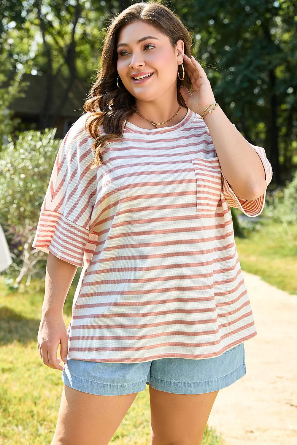 Amari Plus Size Stripe Waffle Knit Top Threaded Pear