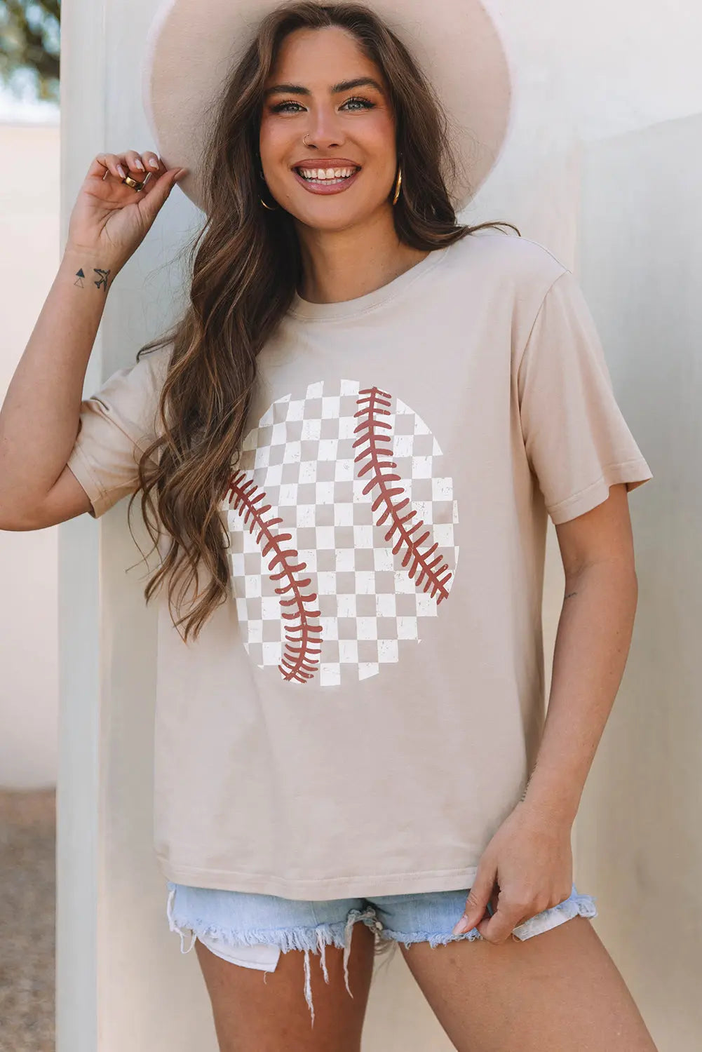 Checkered Baseball Graphic Tee Threaded Pear