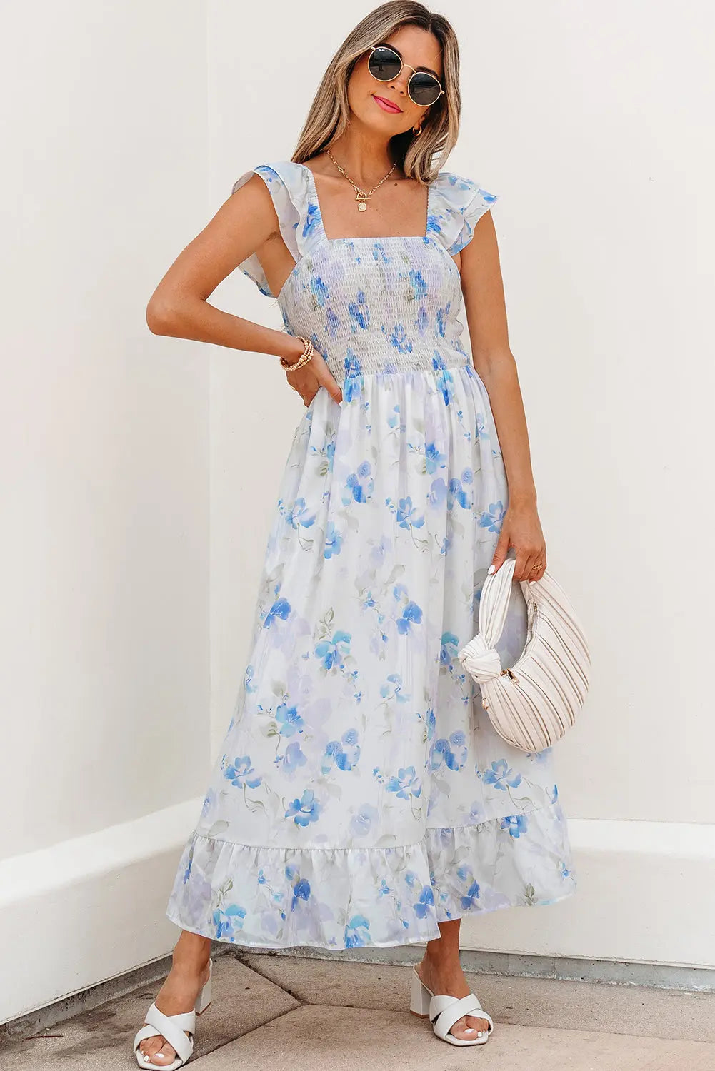 Josephine Floral Smocked High Waist Sleeveless Long Dress Threaded Pear