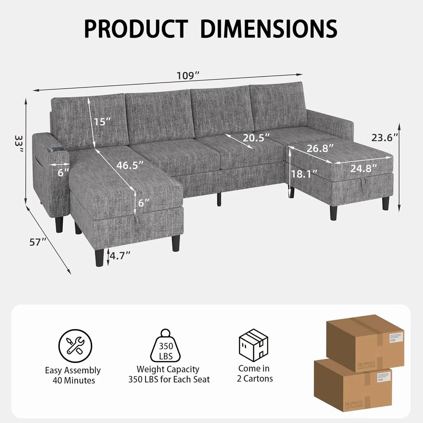 Light Grey 4 Seat Reversible Chaise Sectional Sofa ShipItFurniture