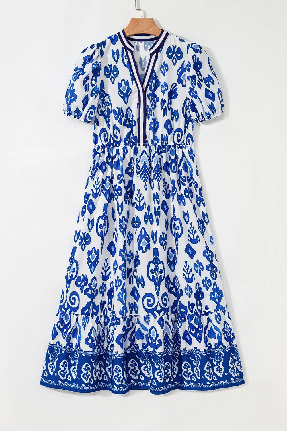Julietta Floral Puff Short Sleeve V Neck High Waist Maxi Dress Threaded Pear