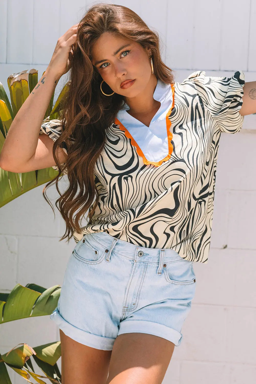 Delilah Zebra Stripe V-Neck Short Sleeve Blouse Threaded Pear