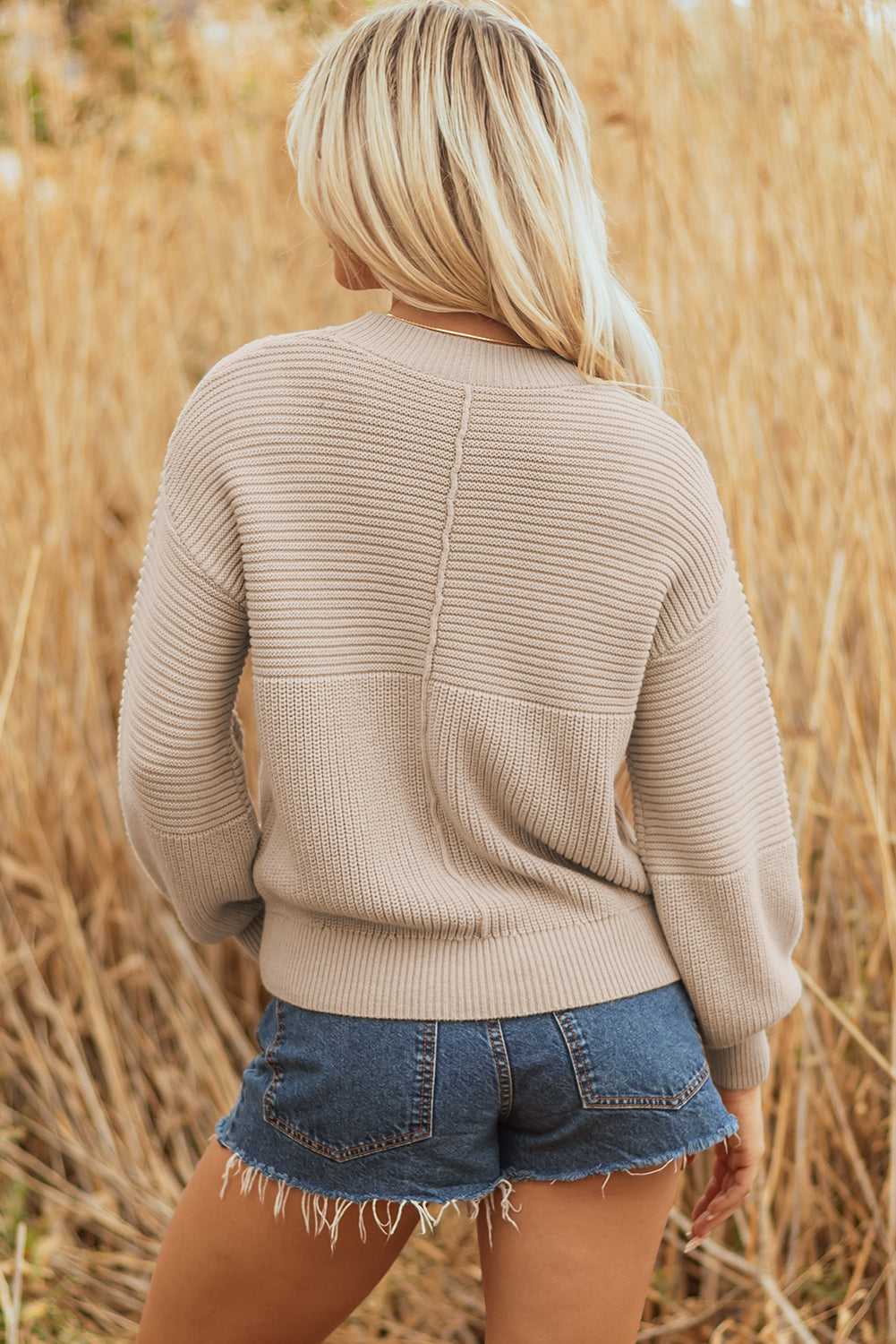 Delaney Texture Knitted Puff Sleeve Sweater Threaded Pear