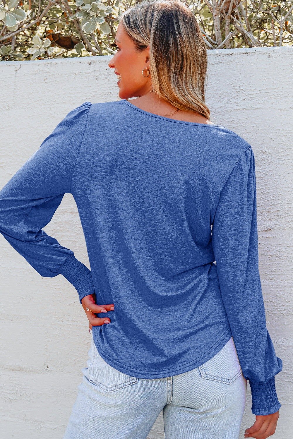 Andrea Shirred Shoulder Frilled Cuffs Long Sleeve Top Threaded Pear