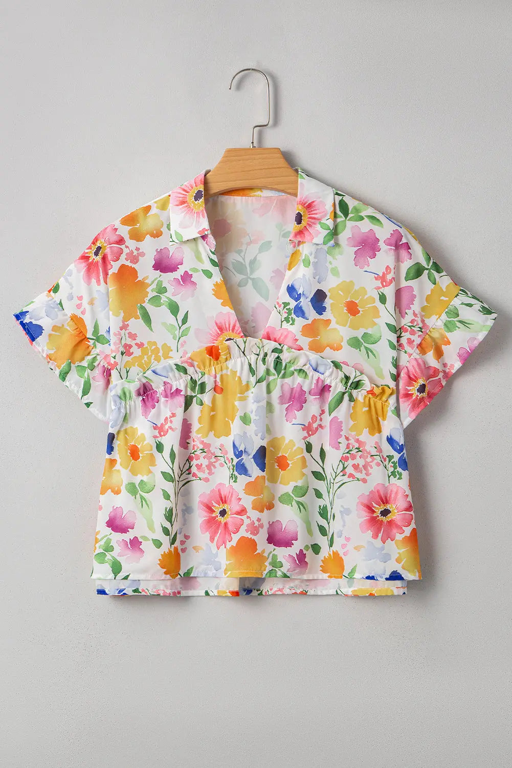 Liberty Floral Boxy Fit Ruffled Short Sleeve V Neck Blouse Threaded Pear