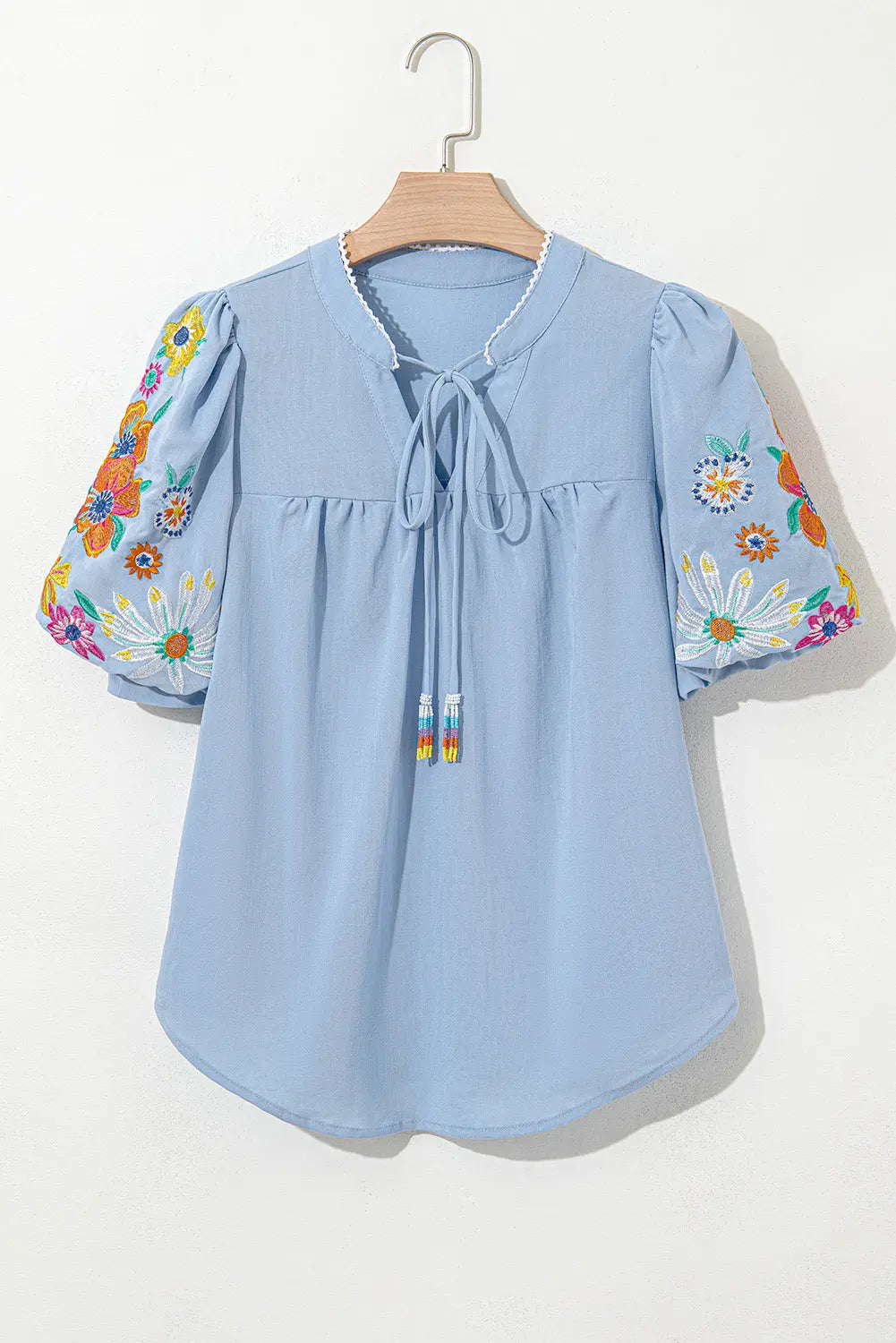 Hadlee Floral Embroidered Puff Sleeve Split Neck Blouse Threaded Pear