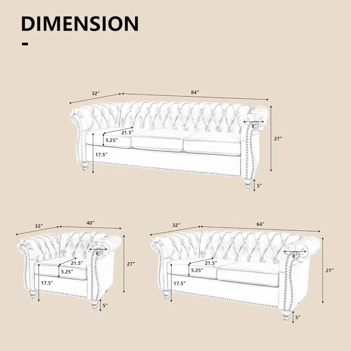 3 Piece Living Room Set Sectional Chesterfield Sofa Chair Artificial Leather Black ShipItFurniture