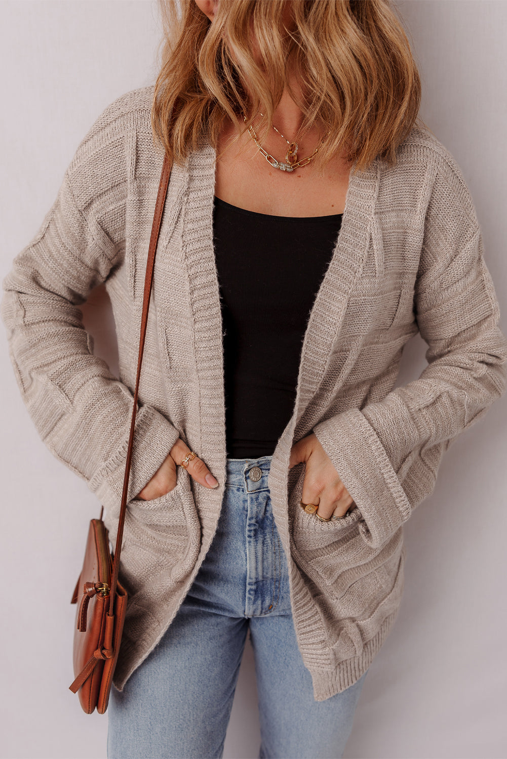 Athena Knit Open Front Chic Cardigan with Pockets Threaded Pear