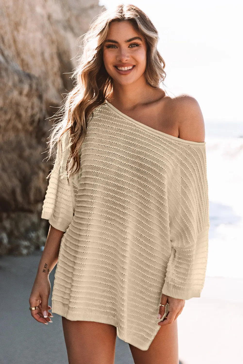 SimoneTextured Knit Drop Shoulder Short Sleeve Sweater Threaded Pear