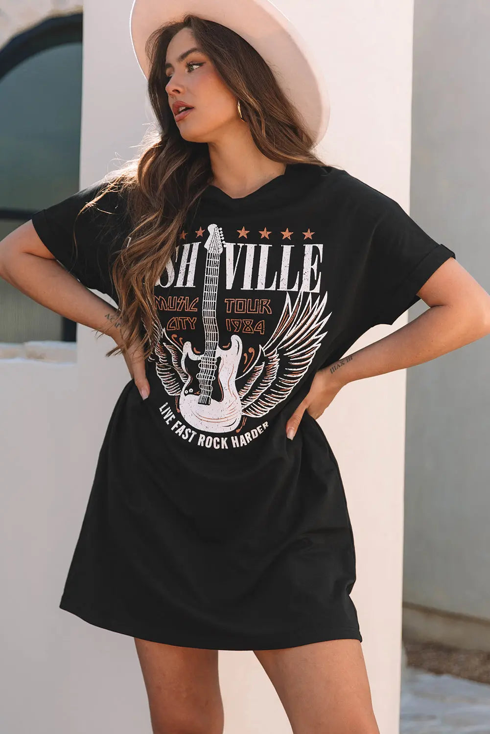 Harlee Nashville Guitar Crew Neck T Shirt Dress Threaded Pear