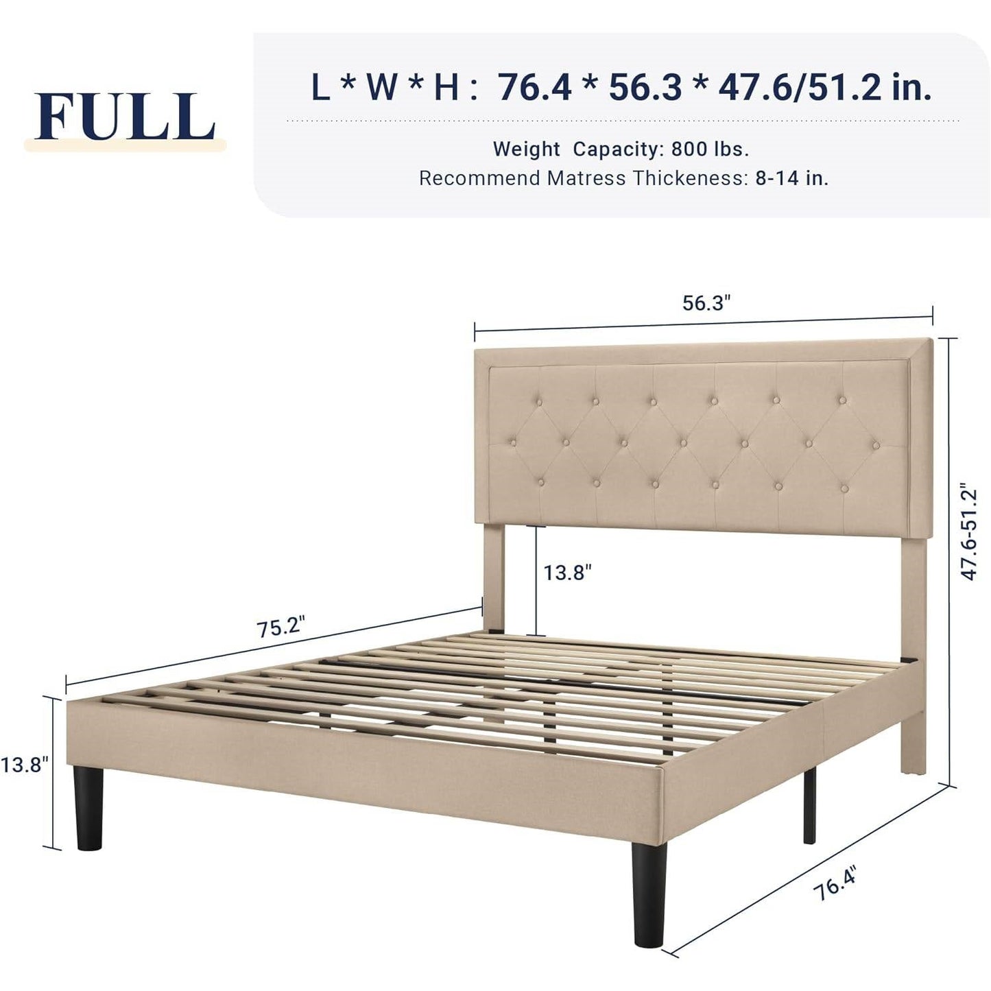 Full size Beige Linen Platform Bed Frame with Button Tufted Headboard FastFurnishings