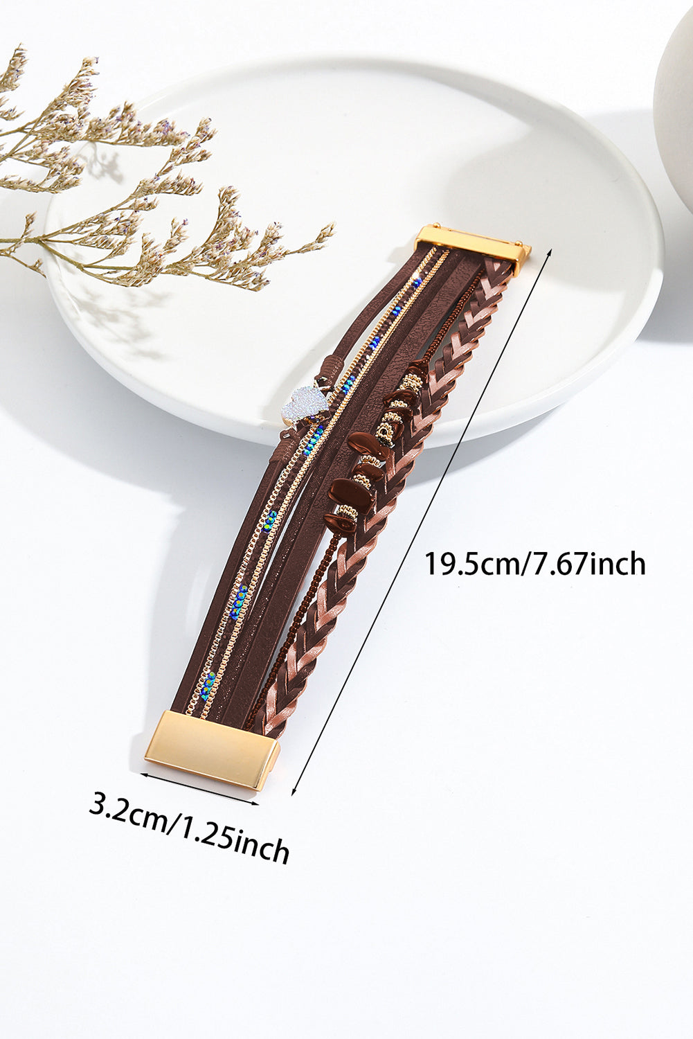 Brown Glittering Heart Accent Multi-layer Vintage Bracelet Threaded Pear