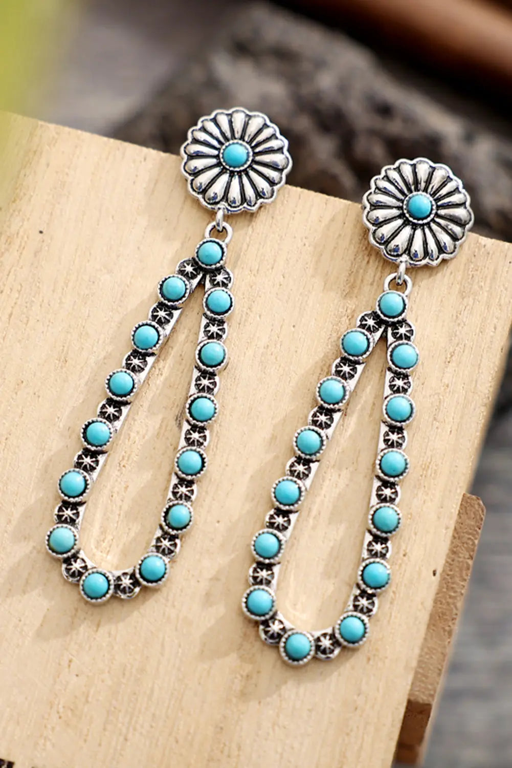 Silver Flower Turquoise Western Fashion Earrings Threaded Pear