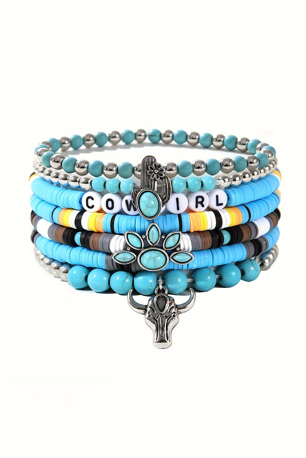 Light Blue 7pcs Boho Turquoise Beaded Bracelet Set Threaded Pear