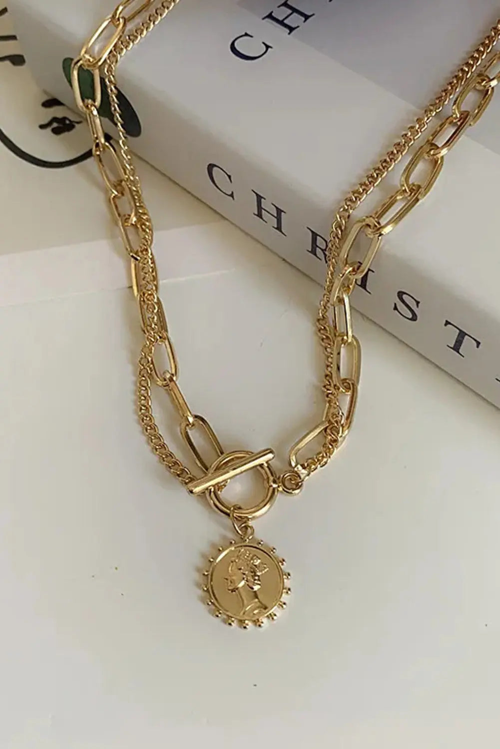 Vintage Coin Pendant Chain Necklace Threaded Pear