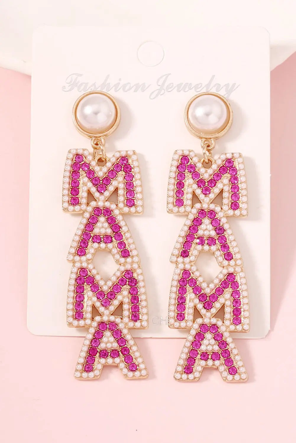 MAMA Rhinestone Pearl Dangle Stud Earrings Threaded Pear