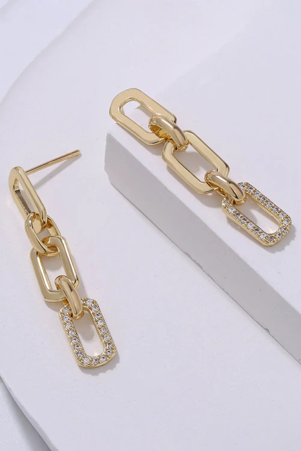 Gold Chain Link Rhinestone Decor Plate Stud Earrings Threaded Pear