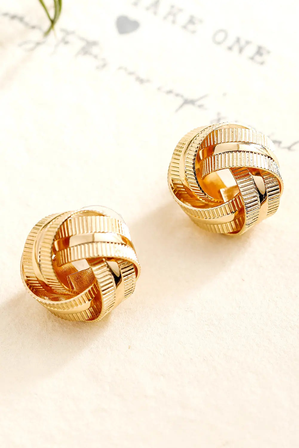 Gold Textured Knot Stud Earrings Threaded Pear